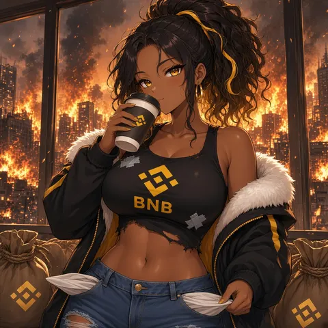 She sips coffee calmly while the city burns behind her